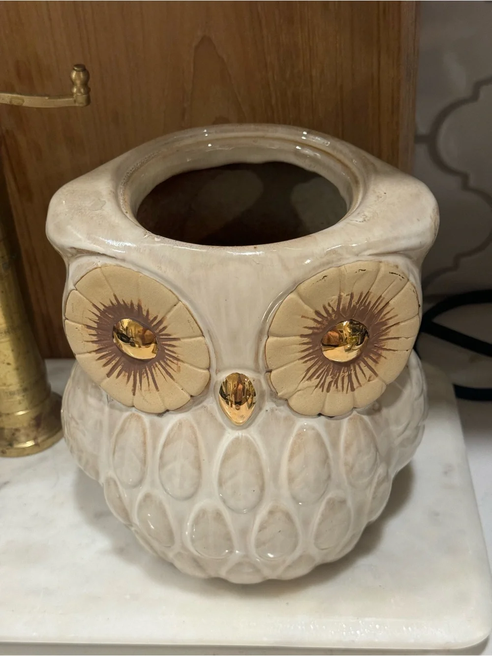 World Market Ceramic Owl Cookie Jar, Light Brown/ Cream with Gold